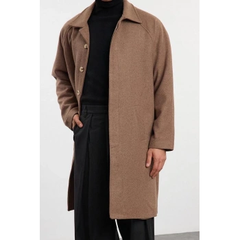 Tasarım Düz Astarsız Yaka Uzun Regular Gömlek Unisex Regular Fit Yün Karışımlı Kaşe Kışlık Kaban