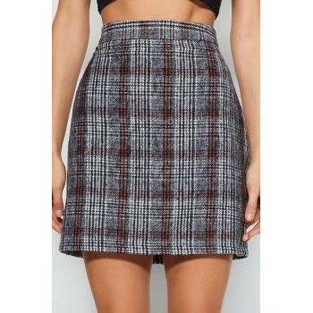 Modern Tarz Astarsız Dokuma Mini Boy Ekose Desenli Kalem Fit Kaşe Kumaş Mini Boy Dokuma Etek