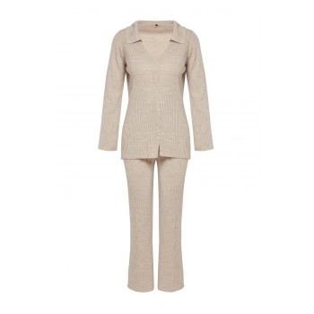 Tarz Kadın Modern Moda Normal Bel Geniş Paça Polo Yaka Basic Polo Yaka Triko Alt-Üst Takım