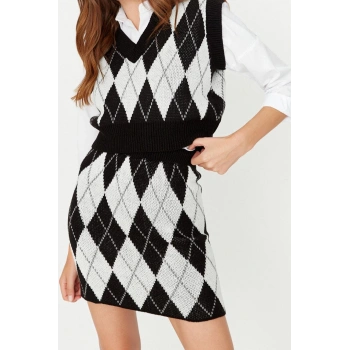 Tarz Kadın Modern Moda Normal Bel Geniş Paça V Yaka Crop Desenli Jakarlı Triko Alt-Üst Takım