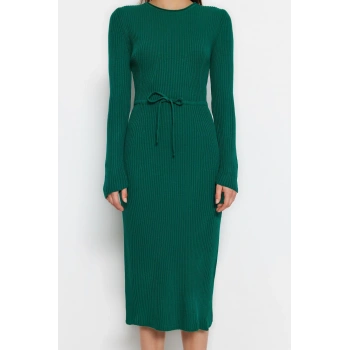 Moda Slim Casual Günlük Tek Plaka Triko Bisiklet Yaka Uzun Kol Bodycone Midi Boy Elbise