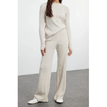 Tarz Kadın Modern Moda Normal Bel Boru Paça Bisiklet Yaka Basic Parmak Detaylı Triko Alt-Üst Takım