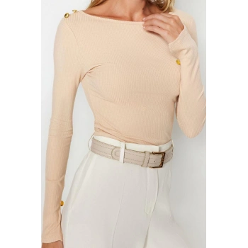 Moda Kayık Yaka Örme Regular Düz Desen Resmi Regular Uzun Kol Bluz