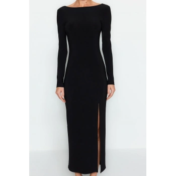 Moda Stil Slim Kayık Yaka Maxi Boy Düz Bodycone Sırt Baskılı Örme Elbise Vücuda Oturan Esnek