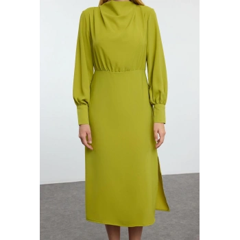 Moda Stil Regular Degaje Yaka Midi Boy Düz Dokuma Elbise