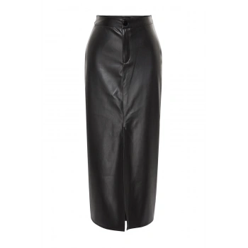 Modern Tarz Astarsız Örme Maxi Boy Yırtmaçlı Suni Deri Yüksek Bel Maxi Örme Etek