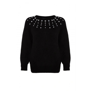 Stil Modern Kadın Regular Standart Kol Bisiklet Yaka Yumuşak Dokulu Taş Detaylı Triko Kazak