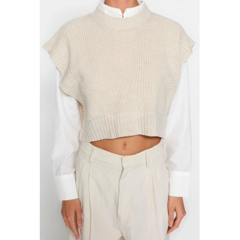 Stil Modern Kadın Crop Standart Kol Bisiklet Yaka Triko Süveter