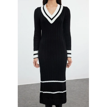 Moda Stil Regular V Yaka Midi Boy Triko Renk Bloklu Elbise