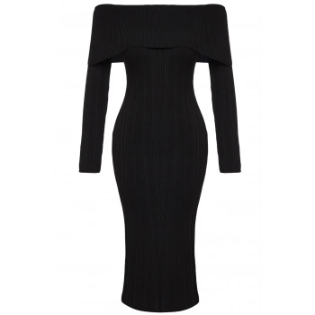 Moda Stil Regular Carmen Yaka Midi Boy Triko Basic Elbise