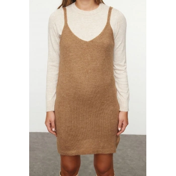 Moda Stil Regular Havuz Yaka Mini Boy Triko Yumuşak Dokulu Askılı Elbise