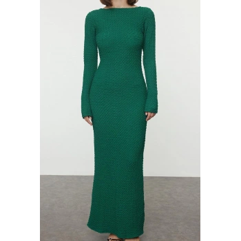 Moda Stil Slim Kayık Yaka Maxi Boy Düz Dokulu Fitted Vücuda Oturan Örme Elbise