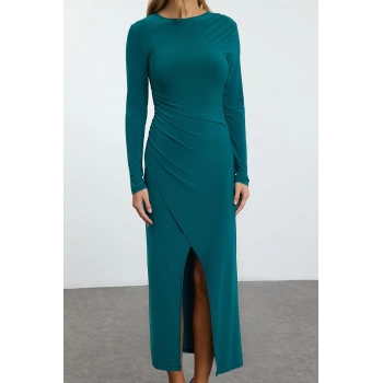 Moda Stil Slim Bisiklet Yaka Maxi Boy Düz Vücuda Oturan Drapeli Anvelop Esnek Örme Elbise