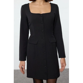 Moda Stil Regular Kare Yaka Mini Boy Cep Detaylı Dokuma Ceket Elbise