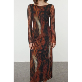 Moda Stil Slim Kayık Yaka Maxi Boy Soyut Sırt Dekolteli Tül Esnek Örme Elbise