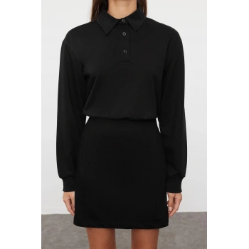 Moda Stil Regular Polo Yaka Mini Boy Düz Vücuda Oturan Örme Elbise