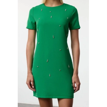 Moda Stil Regular Bisiklet Yaka Mini Boy Shift Düz Kalıp Taş İşlemeli Dokuma Elbise