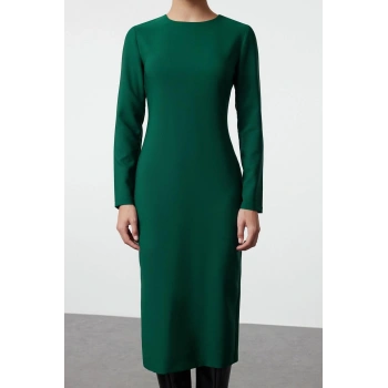 Moda Stil Regular Bisiklet Yaka Midi Boy Vücudu Saran Dokuma Elbise