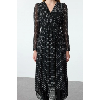 Moda Regular Kruvaze Midi Boy Puantiyeli Yaka Mendil Etek Detaylı Astarlı Şifon Dokuma Elbise