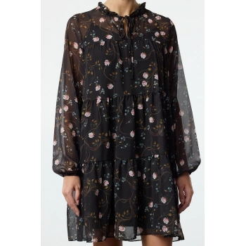 Moda Stil Regular Dik Yaka Mini Boy Çiçek Desenli Bol Kalıp Astarlı Şifon Dokuma Kışlık Elbise