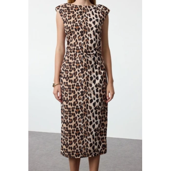 Moda Stil Regular Bisiklet Yaka Midi Boy Düz Kalıp Dokuma Elbise