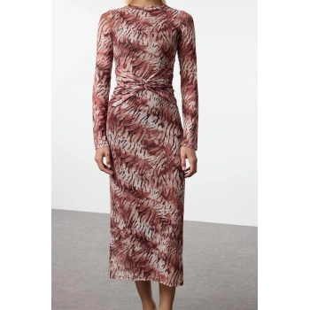 Moda Stil Slim Bisiklet Yaka Maxi Boy Çok Renkli Soyut Bağlama Detaylı Örme Elbise