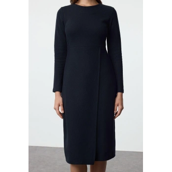 Moda Stil Slim Bisiklet Yaka Midi Boy Düz Selanik Anvelop Esnek Örme Elbise