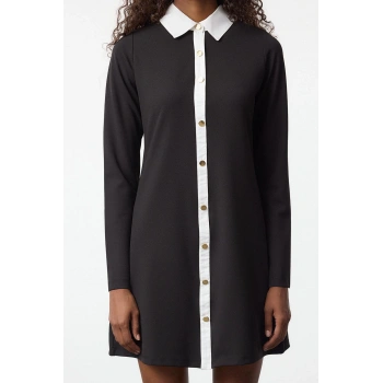 Moda Stil Regular Düğmeli Yaka Mini Boy Renk Bloklu Düğme Detaylı Örme Elbise