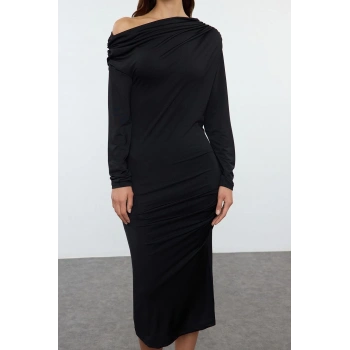 Moda Stil Slim Asimetrik Yaka Midi Boy Fitted Vücuda Oturan Örme Elbise