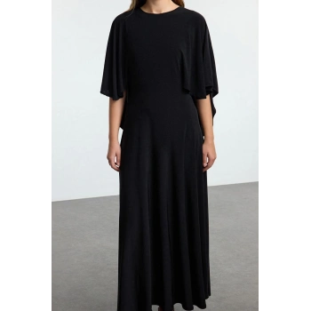 Moda Stil Relaxed Bisiklet Yaka Maxi Boy Kalıp Skater Esnek Örme Elbise