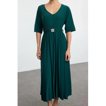 Moda Stil Regular V Yaka Maxi Boy Skater Kemerli Truvakar Kollu Esnek Örme Elbise