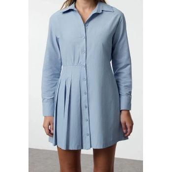 Moda Stil Regular Gömlek Yaka Mini Boy Pili Detaylı Düz Dokuma Gömlek Elbise