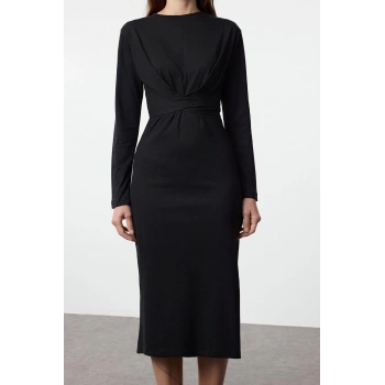 Moda Stil Slim Bisiklet Yaka Midi Boy %100 Pamuk Bağlama Detaylı Vücuda Oturan Örme Elbise