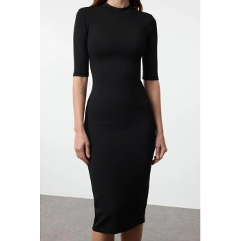 Moda Stil Slim Dik Yaka Midi Boy Bodycone Vücuda Oturan Truvakar Kol Örme Elbise