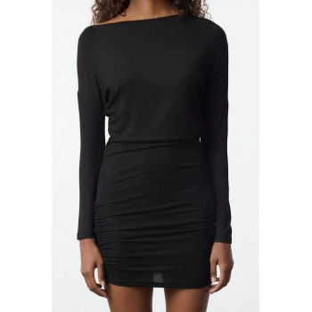 Moda Stil Slim Asimetrik Yaka Mini Boy Bodycone Vücuda Oturan Örme Elbise