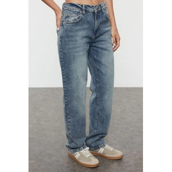 Stil Kadın Moda Denim Kot Pantolon Regular Boru Paça Mavi Soluk Vintage Normal Bel Straight Jeans