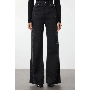 Stil Kadın Moda Denim Kot Pantolon Uzun Geniş Paça Taşlı Yüksek Bel Jeans