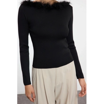 Stil Modern Kadın Regular Standart Kol Carmen Yaka Yaka Detaylı Triko Kazak