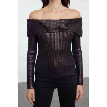 Stil Modern Kadın Regular Standart Kol Carmen Yaka Varaklı Triko Kazak