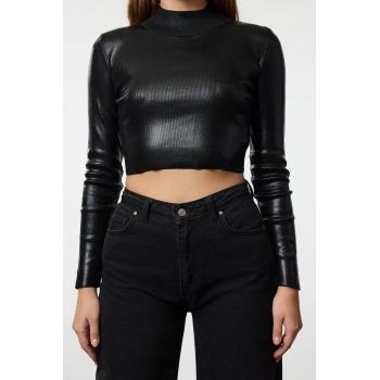 Stil Modern Kadın Crop Standart Kol Dik Yaka Basic Varak Baskılı Triko Kazak