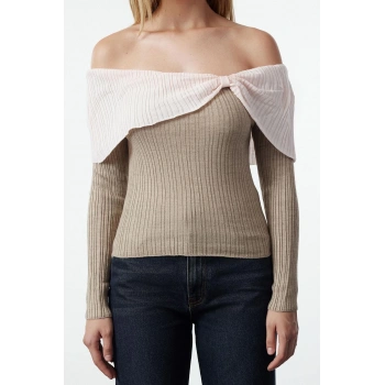 Stil Modern Kadın Regular Standart Kol Carmen Yaka Ekru001 Renk Bloklu Triko Kazak