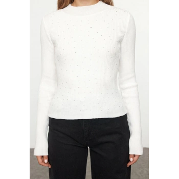 Stil Modern Kadın Regular Standart Kol Dik Yaka Balıkçı Yaka Taş Detaylı Triko Kazak