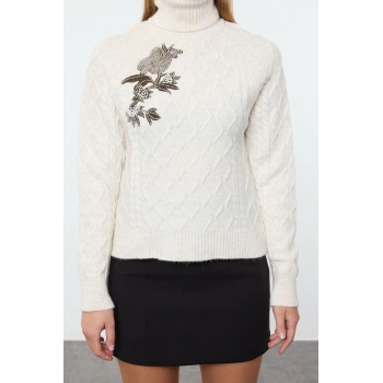 Stil Modern Kadın Regular Standart Kol Balıkçı Yaka Couple Yumuşak Dokulu Nakışlı Triko Kazak