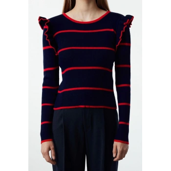 Stil Modern Kadın Regular Standart Kol Bisiklet Yaka Omuzu Volanlı Çizgili Triko Kazak