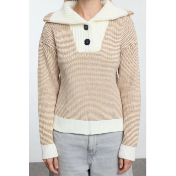 Stil Modern Kadın Regular Standart Kol Devrik Yaka Yaka Detaylı Triko Kazak