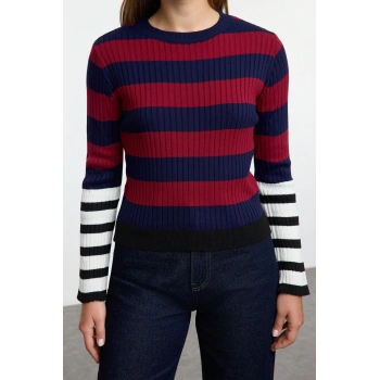 Stil Modern Kadın Regular Standart Kol V Yaka Fitilli Renk Bloklu Triko Kazak