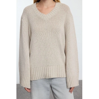 Stil Modern Kadın Regular Standart Kol V Yaka Geniş Kalıp Basic Triko Kazak