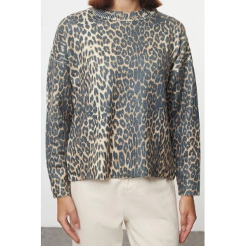 Stil Modern Kadın Regular Standart Kol Bisiklet Yaka Leopar Desen Baskılı Triko Kazak
