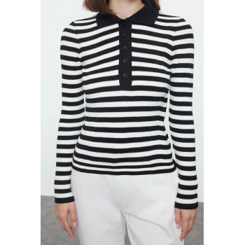 Stil Modern Kadın Regular Standart Kol Polo Yaka Basic Çizgili Triko Kazak