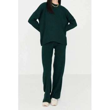 Tarz Kadın Modern Moda Normal Bel Boru Paça Bisiklet Yaka Basic Bisiklet Yaka Triko Alt-Üst Takım